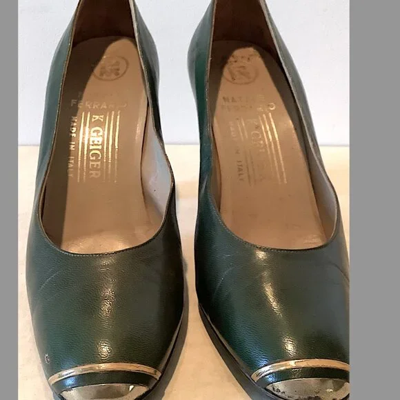 Kurt Geiger VINTAGE 1970S   ITALY SHOES: Forest LEATHER Pumps , 2 1/2" heel - Picture 2 of 12